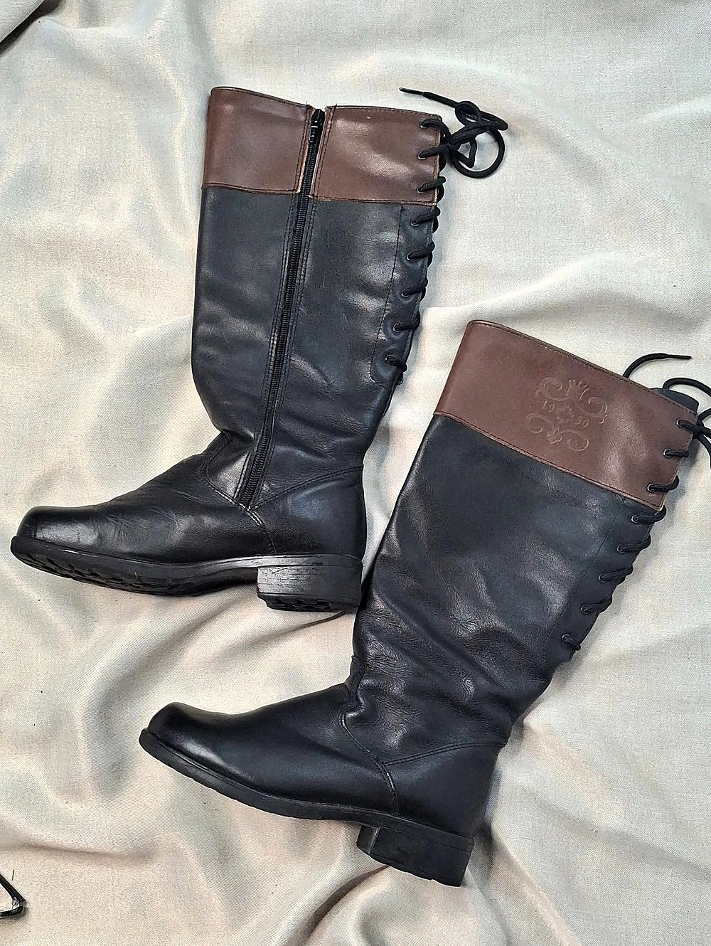 Martino Leather Tall Lace-Up Boots Black & Brown US 7D